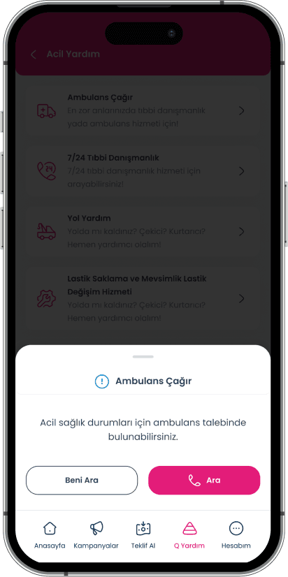 Quick Sigorta Mobil Uygulaması ambulans çağırma ekranı