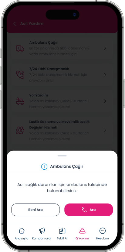 Quick Sigorta Mobil Uygulaması ambulans çağırma ekranı